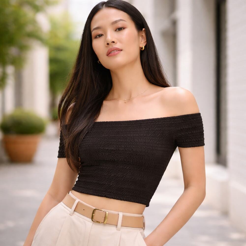 Everlane SZ L Organic Cotton Gauze Off Shoulder Smocked Top In Black NWT